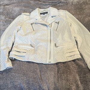 Black Rivit White Perforated Leather Women’s Motorcycle Biker Jacket L